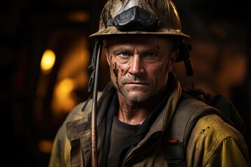 Fototapeta premium A male firefighter in a yellow uniform and helmet. Generative AI