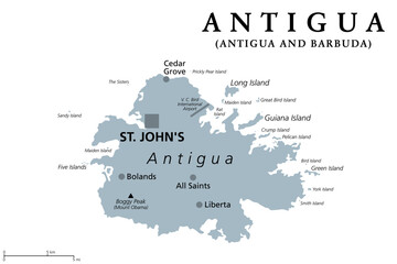 Antigua, island in the Lesser Antilles, gray political map. One of the Leeward Islands in the Caribbean region, and most populous island of the country of Antigua and Barbuda, with capital St. John's.