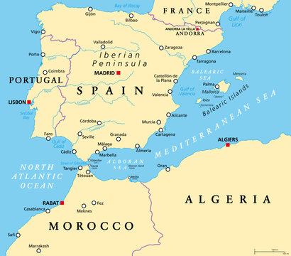 West Mediterranean, political map. The Iberian Peninsula, bordered by the North Atlantic and Mediterranean Sea, separated from Africa by the Strait of Gibraltar. Portugal, Spain and Balearic Islands.