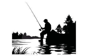 Fishing Pole by fisherman Vector Silhouette, A man spending time by fishing alone black clipart, Fishing Element