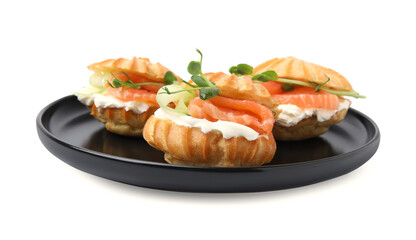 Delicious profiteroles with cream cheese and salmon isolated on white