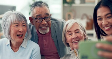 Friends, senior people and happy selfie with a caregiver in a nursing home. Elderly women and a man smile together for social media, profile picture or memory with a young person in retirement