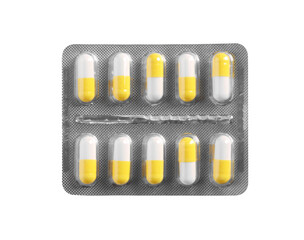 Blister of pills on white background, top view