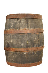 Obraz premium One wooden barrel with metal hoops isolated on white