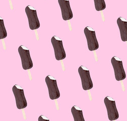 Pattern with chocolate-glazed ice cream on pastel pink background