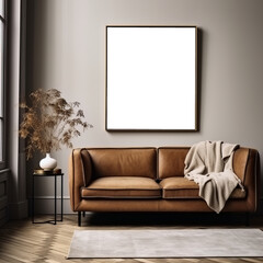 Poster frame mock-up in a contemporary home interior background, featuring a modern sofa and stylish decor in the living room, 3D render. Made with Generative AI technology