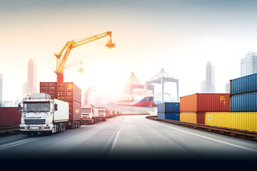 transportation and logistics truck on motorway and industrial container cargo with icon of network distribution on blue background