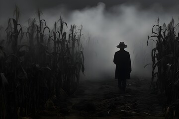 Silhouette of a man in a corn field in the fog