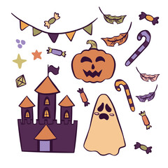 Fototapeta premium Halloween set containing Stingy Jack pumpkin, candies sticks, feathers, ghost, castle and pennants. Vector illustration isolated on transparent background.