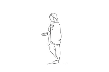 A homeless man stands asking for donations. Homeless one-line drawing