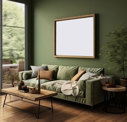Poster frame mock-up placed in a home interior background featuring a living room with a sofa, table, and tasteful decor, 3D render. Made with Generative AI technology