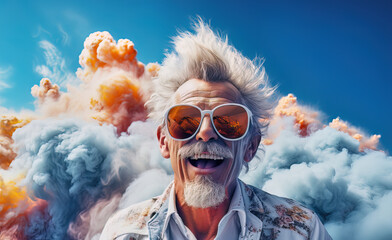 happy apocalyptic day, young at heart old man in sunglasses laughing in front of an explosion under blue sky, flashy and funny, pyrotechnician, generative ai