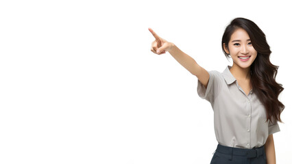 Beautiful Asian lady pointing finger to the side, Isolated on white background with copy space