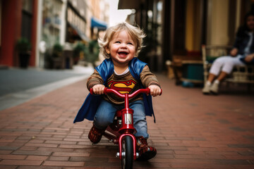 A toddler riding a tricycle while wearing a superhero cape and mask, with a determined expression on their face.