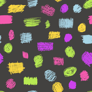 Scribbles seamless pattern. Hand drawn colorful pencil curly lines. Marker drawing squiggles, strokes vector illustration. Paint brush sketches. Scrawl textured freehand wallpaper. Kids background