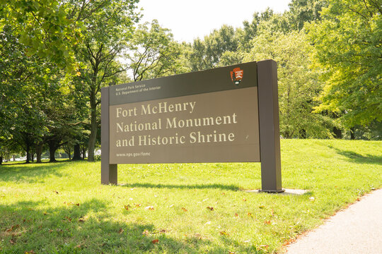 Baltimore, MD US - July 26, 2023: Water Taxi dock entrance sign for Fort McHenry National Monument and Historic Shrine