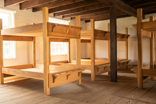 Baltimore, MD US - July 26, 2023: Fort McHenry's soldier barracks with wooden replicas of the bunk beds that were used here