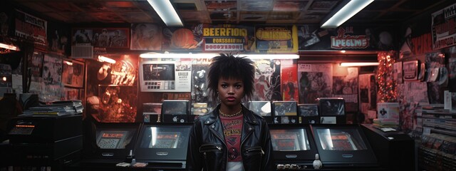 Alternative Anthems: African American Woman Embraces Punk Subculture at Record Store - obrazy, fototapety, plakaty