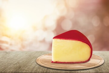 Piece of tasty fresh cheese triangle on board