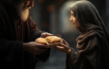 A young girl giving bread and charity to a poor old man.