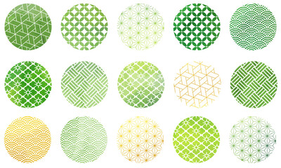水彩風_緑色の丸形の和柄パターンセット