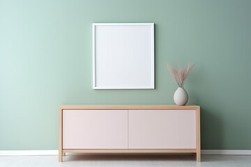 Simple furniture and decoration setup in front of a wall with photo frame