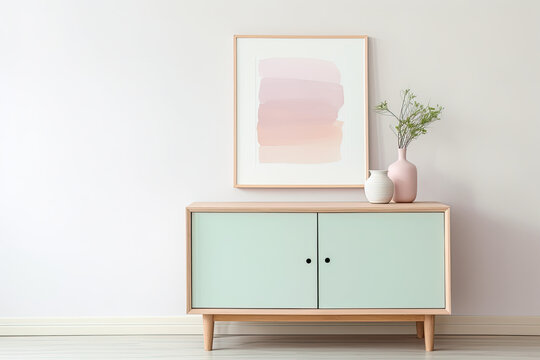 Simple furniture and decoration setup in front of a wall with photo frame