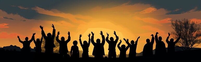 Young people raise and clap hands together happily at sunset.
