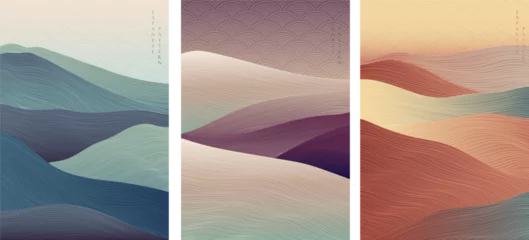 Foto op Plexiglas Japanese background with line wave pattern vector. Abstract template with landscape pattern. Mountain and ocean decorative in oriental style.  © Blackink