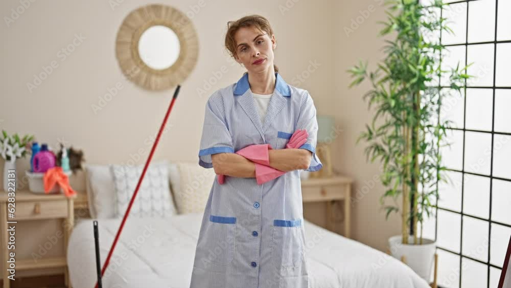 Sticker young woman professional cleaner standing with arms crossed gesture at bedroom