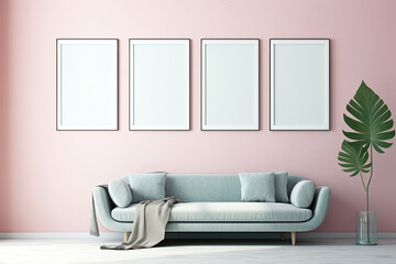 Photo frames on wall with simple decoration and furniture