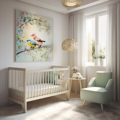 childrens bedroom nursery or baby room, white walls and a single framed piece of art on the wall for use as a mockup  , created with AI generative technology 