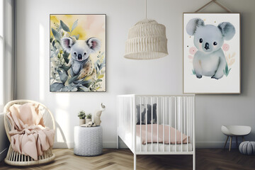childrens bedroom nursery or baby room , koala prints on the wall, two large prints, swap out the art if desired , created with AI generative technology 