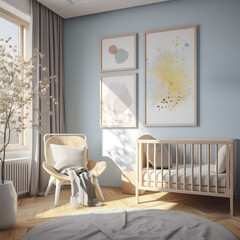 childrens bedroom nursery or baby room blue walls and art work with a crib  , created with AI generative technology 