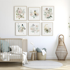 childrens bedroom nursery or baby room six frames on the wall and a crib, white walls and a chair, created with AI generative technology 