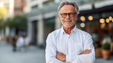 Obraz premium A man in a white shirt and glasses standing with his arms crossed