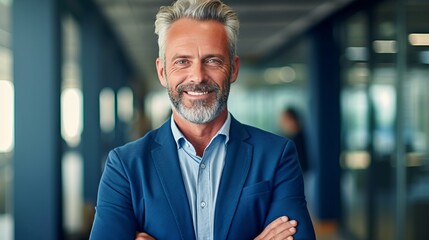 Obraz premium A man with grey hair and a beard wearing a blue jacket, created with Generative Ai Technology