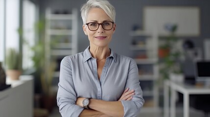 A woman with glasses standing in an office, created with Generative Ai Technology