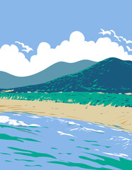 WPA poster art of Praia da Joaquina, one of the 42 beaches of Florianopolis or Floripa located Santa Catarina in the south region of  Brazil done in works project administration or Art Deco style.
 - obrazy, fototapety, plakaty
