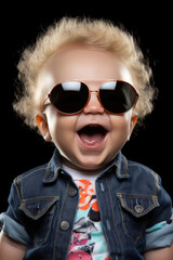 Happy smiling baby with sunglass. Generative AI