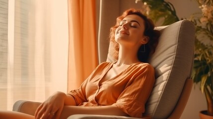 A woman sitting in a chair with her eyes closed, created with Generative Ai Technology