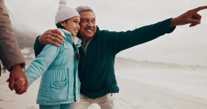 Pointing, grandfather and child holding hands at beach for care, bonding and having fun. Grandpa, happy kid and family together for sightseeing at ocean, smile and travel on holiday in winter at sea