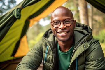 A man wearing glasses sitting in a tent