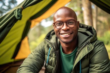 Fototapeta premium A man wearing glasses sitting in a tent