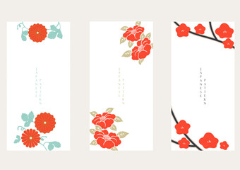 Japanese background with camellia flower element vector. Abstract art invitation card with Asian icon elements. Red floral pattern with wave pattern in vintage style.