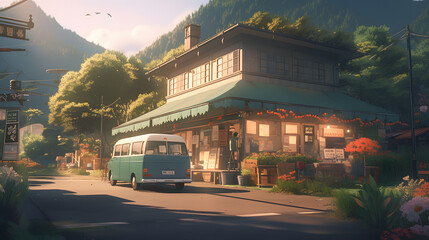 Naklejka premium 街中に駐車するキャンピングカーのシーン No.015 | Scene of a Camper Parked in The City Generative AI