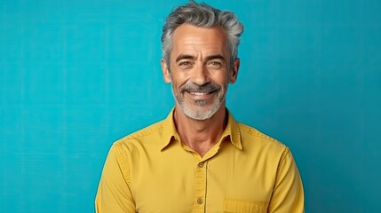 A man with grey hair wearing a yellow shirt