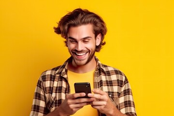 Fototapeta premium A man smiling while looking at his cell phone