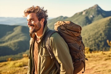 A man with a backpack on top of a mountain