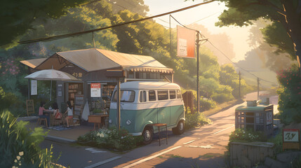 街中に駐車するキャンピングカーのシーン No.028 | Scene of a Camper Parked in The City Generative AI
